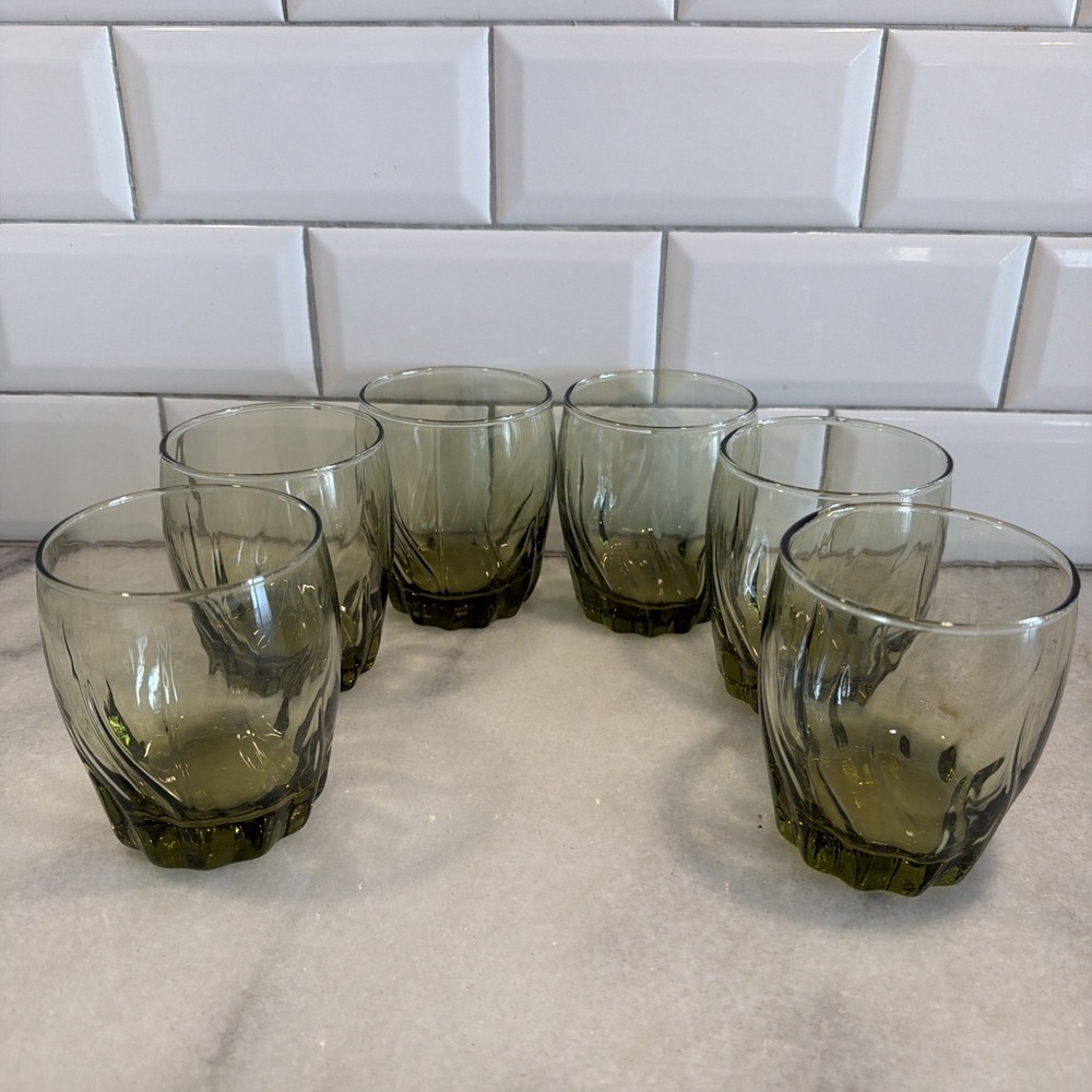Set Of 6 Anchor Hocking Ivy Green Park‎ Central Glasses Star Fire Swirl GW009